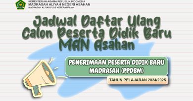 Jadwal Daftar Ulang Calon Peserta Didik Baru MAN Asahan PPDBM TP. 2024/2025