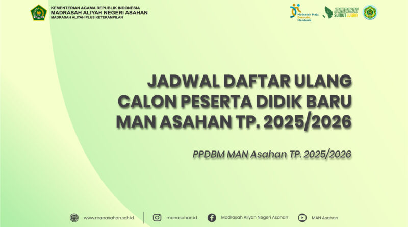 Jadwal Daftar Ulang Calon Peserta Didik Baru MAN Asahan PPDBM TP. 2025/2026